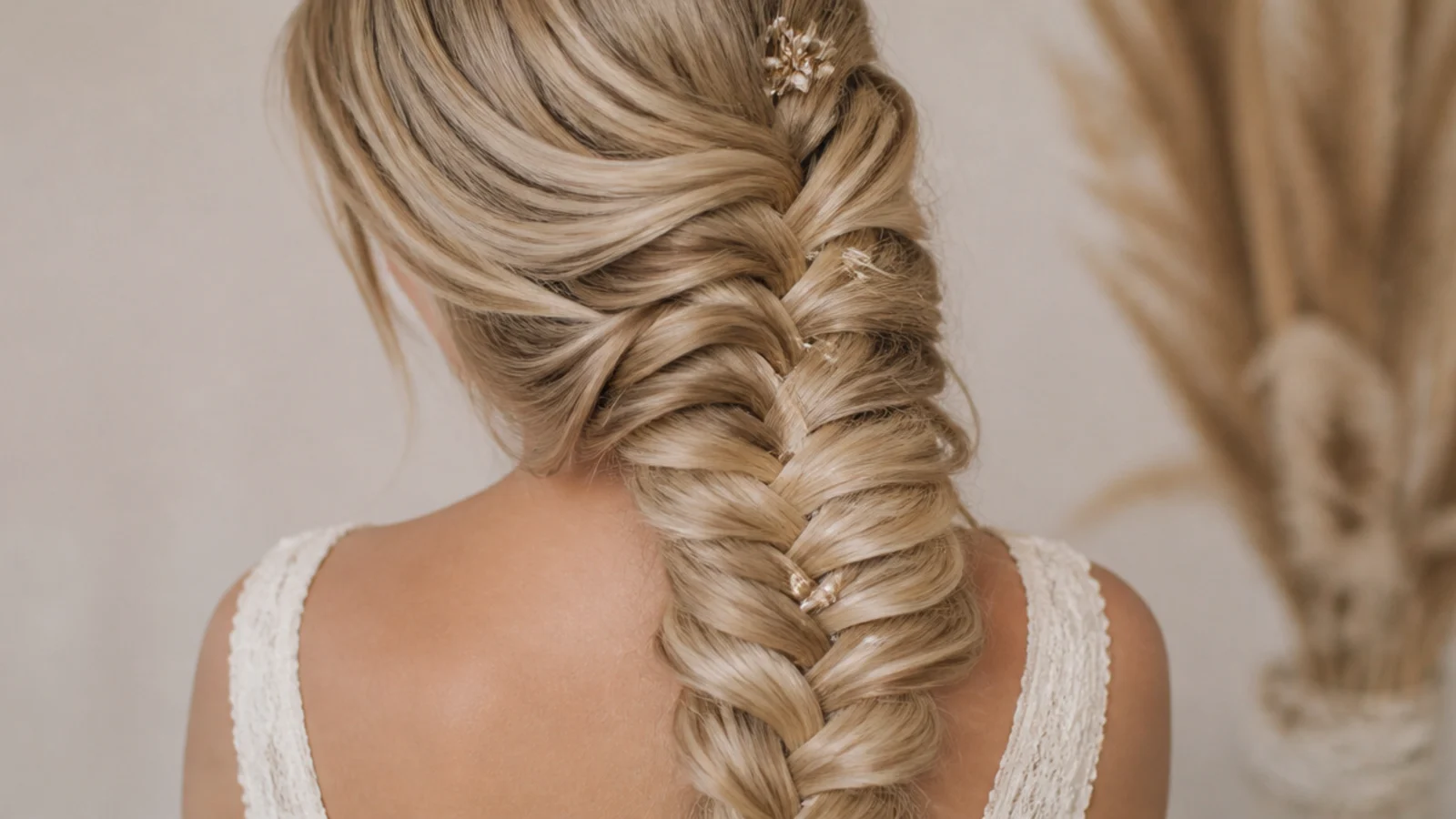 A blonde braid brought forward over one shoulder
