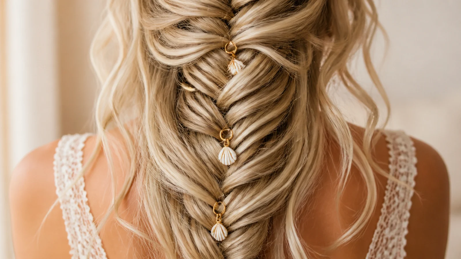Beads and small shells threaded through the tail of a braid