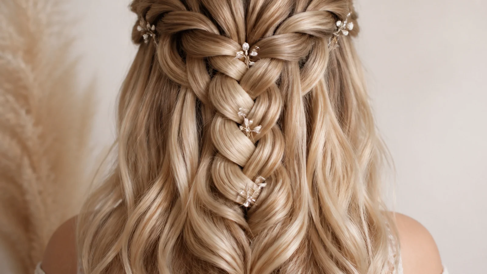 A waterfall braid releasing strands across shoulder length blonde hair