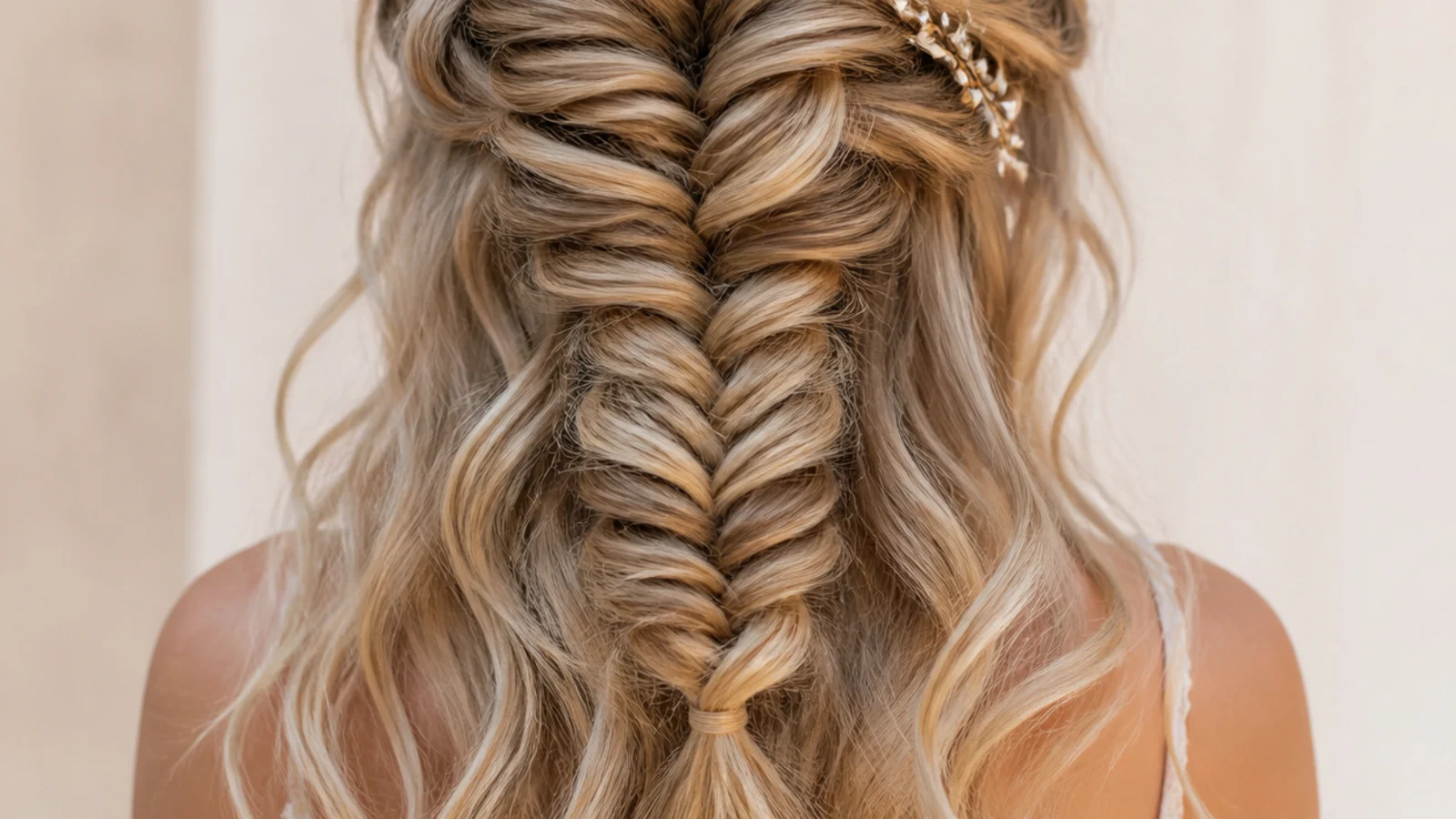 A textured sandy blonde braid with waves left loose around it