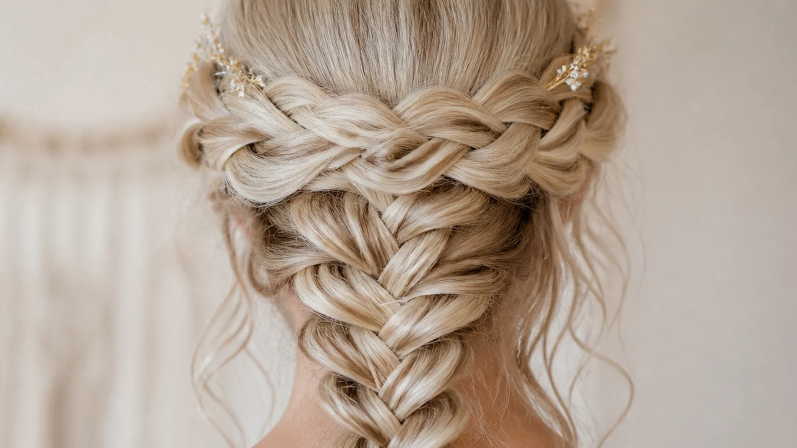 A pale braid wrapped around the crown of the head
