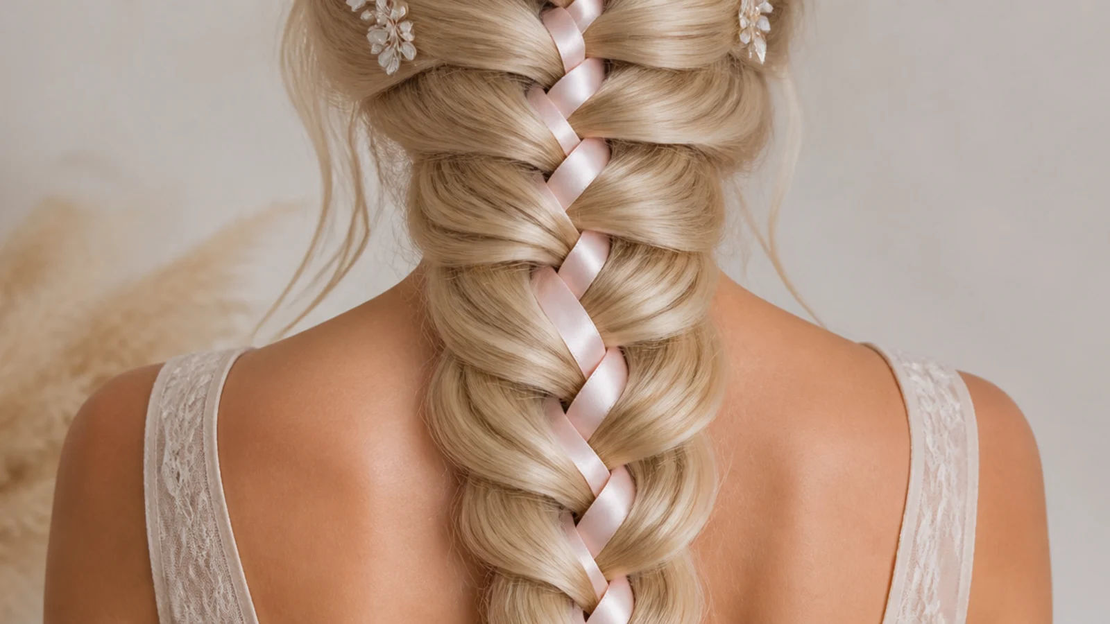 A narrow ribbon threaded through the segments of a blonde braid