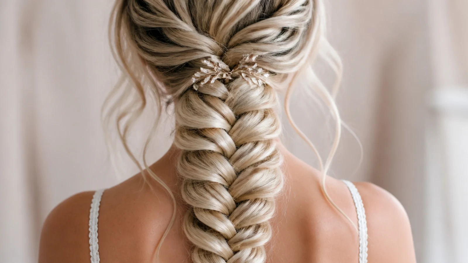 A smooth blonde braid gathered low at the nape