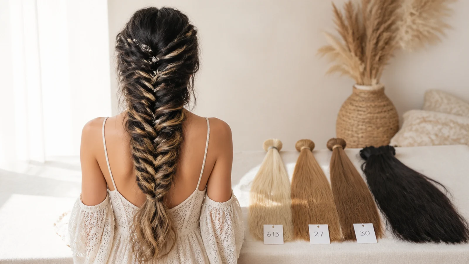 Two shades of blonde braiding hair laid against natural hair