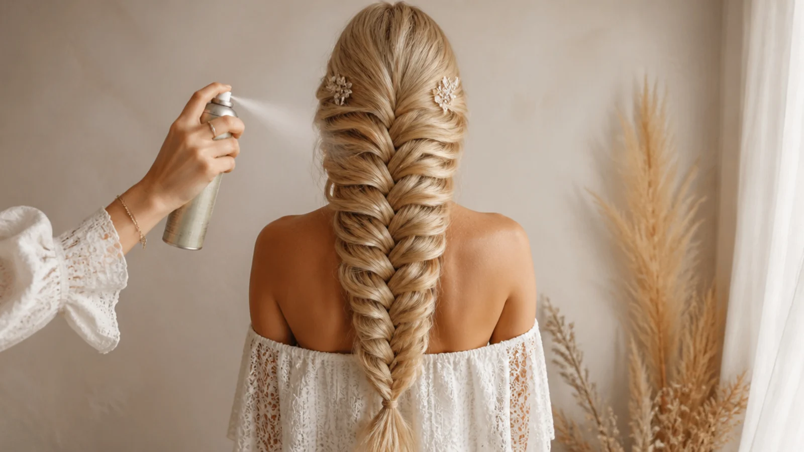 A fine blonde braid held open with clear elastics at each end