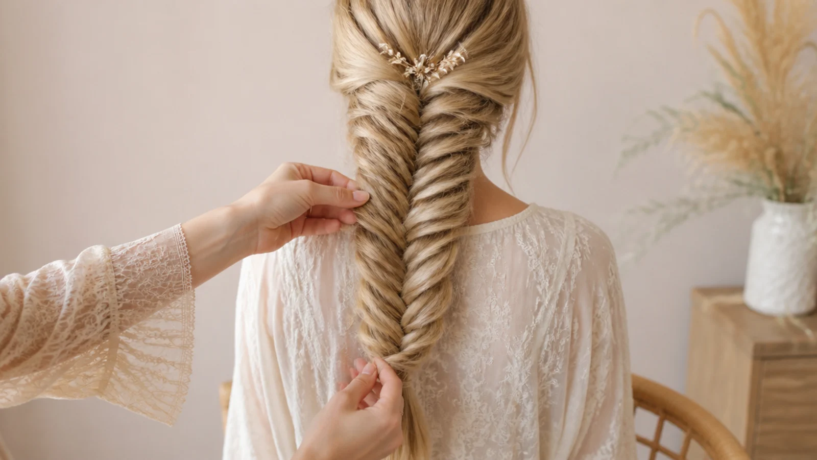 Fingers drawing the outer edge of a blonde crossover outward