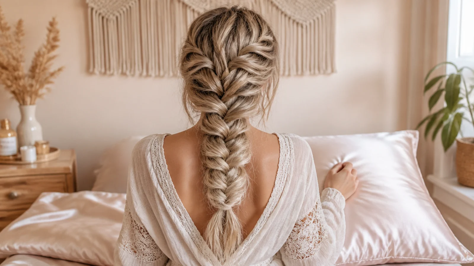 A blonde braid on its second day with softened edges
