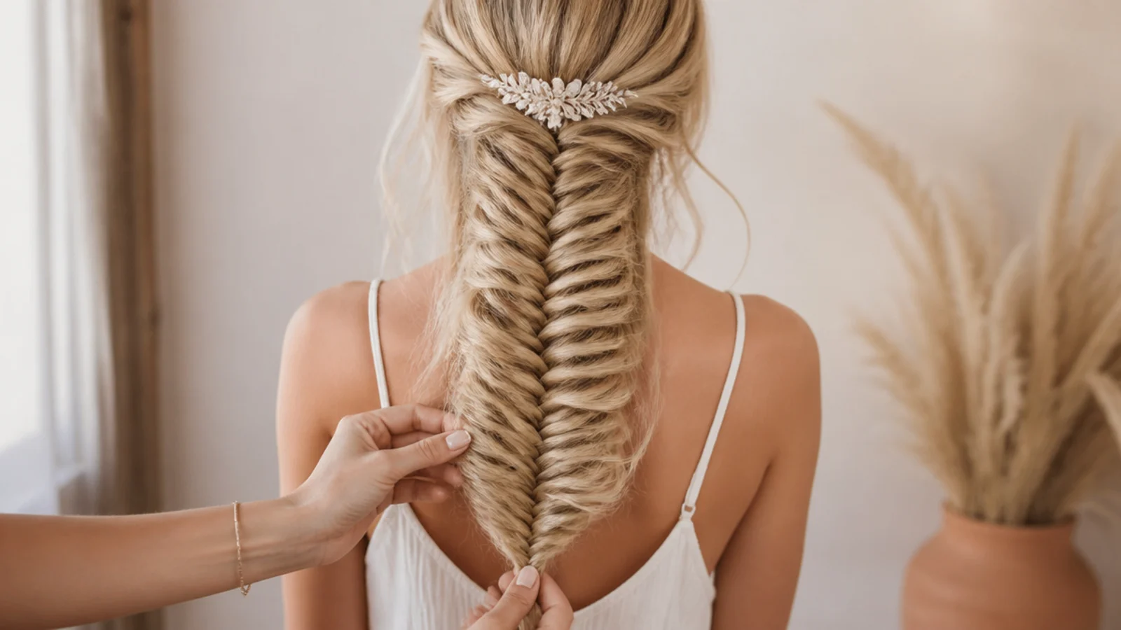 Close view of the herringbone pattern in a pale braid with loose hair below