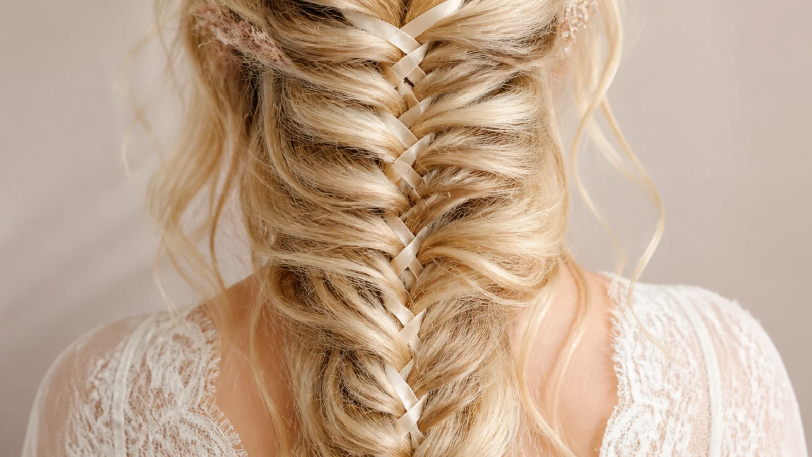 A narrow ribbon threaded through the segments of a loose braid