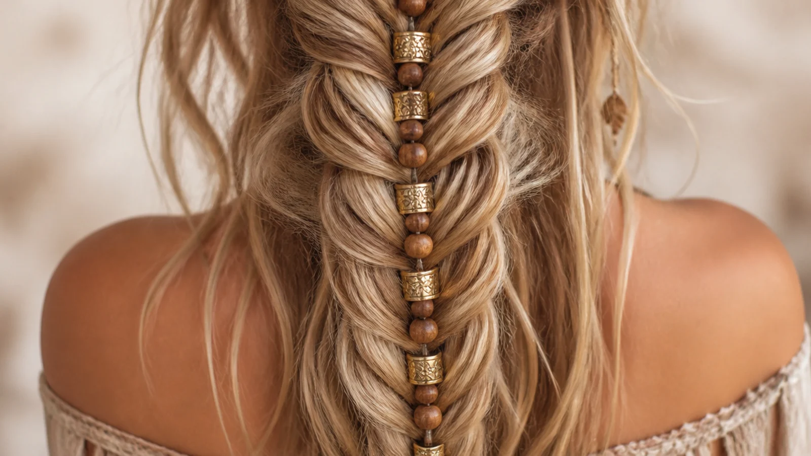 Gold cuffs and small beads spaced along a braid