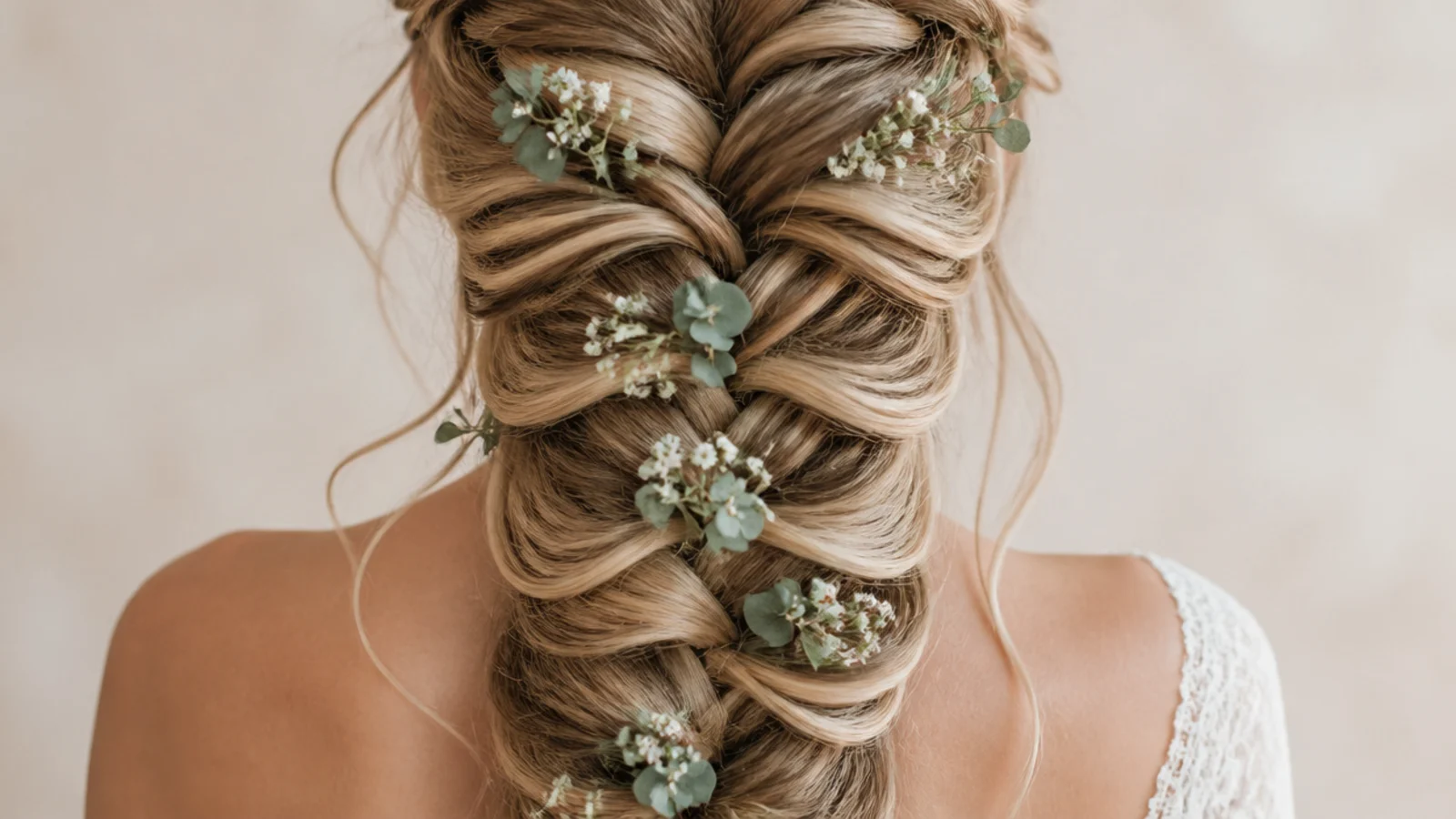 Small dried flowers tucked into the segments of a braid