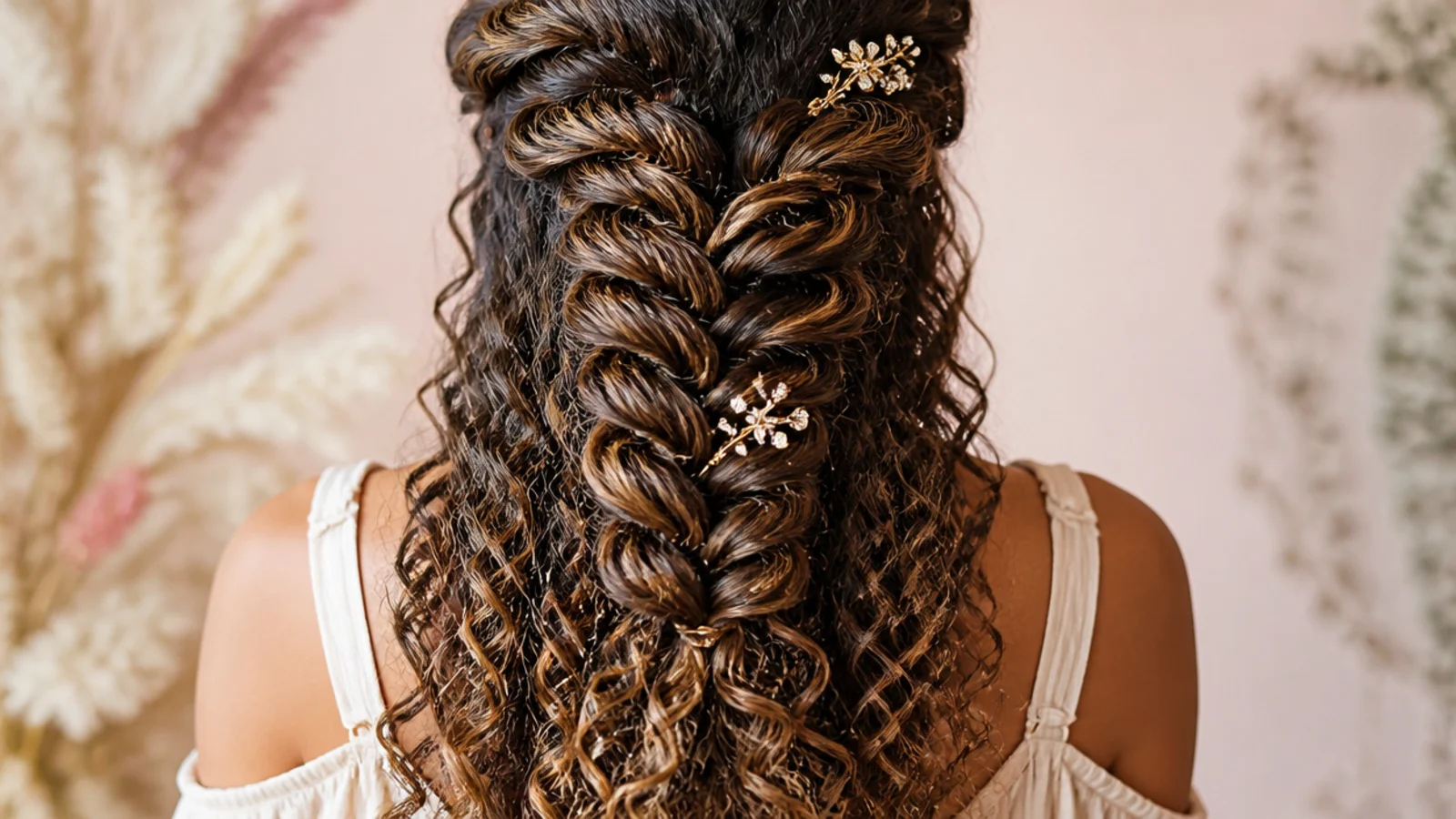 A thick textured braid worked through stretched curly hair