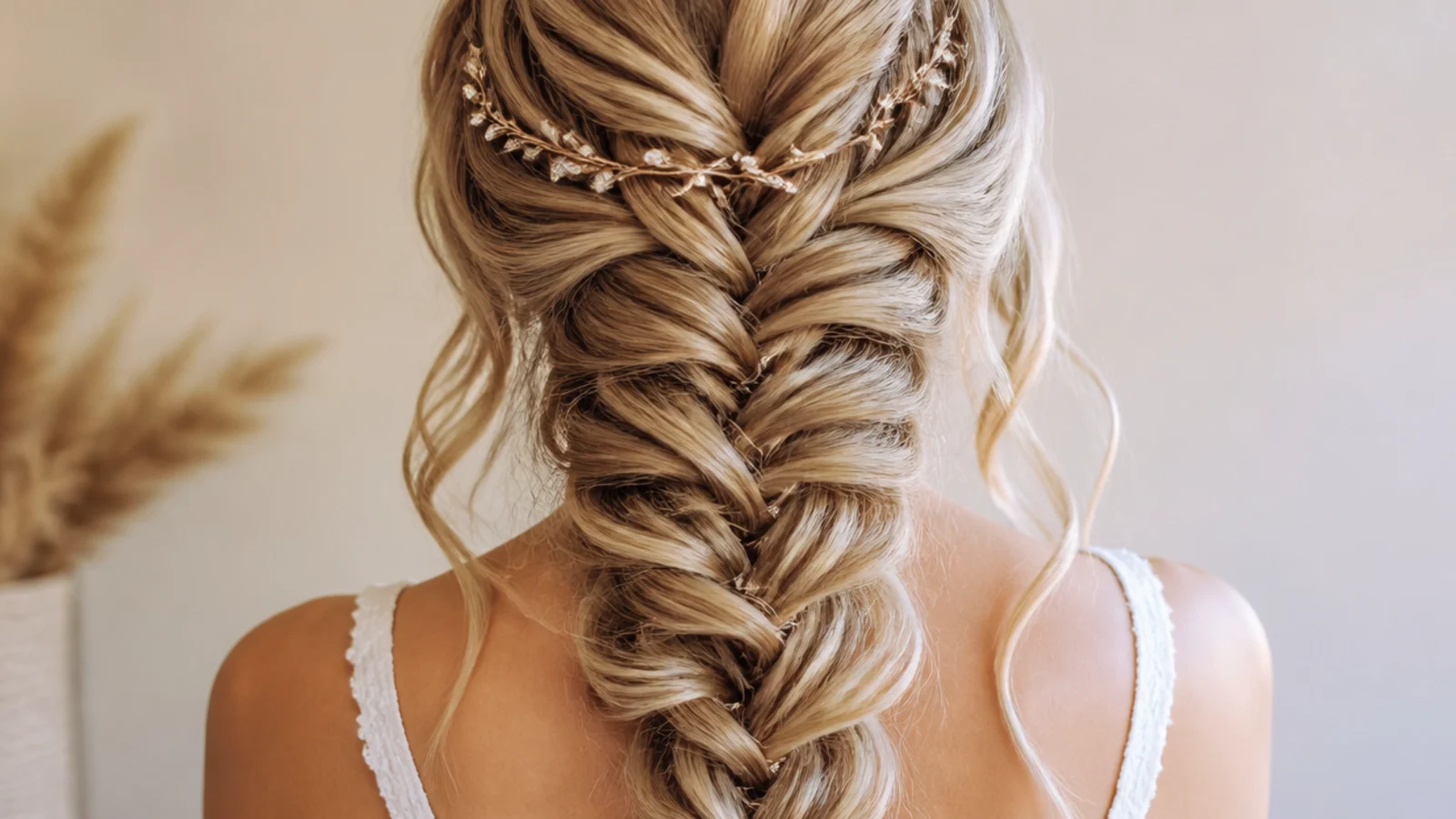 Curtain bangs framing the face above a loose braid