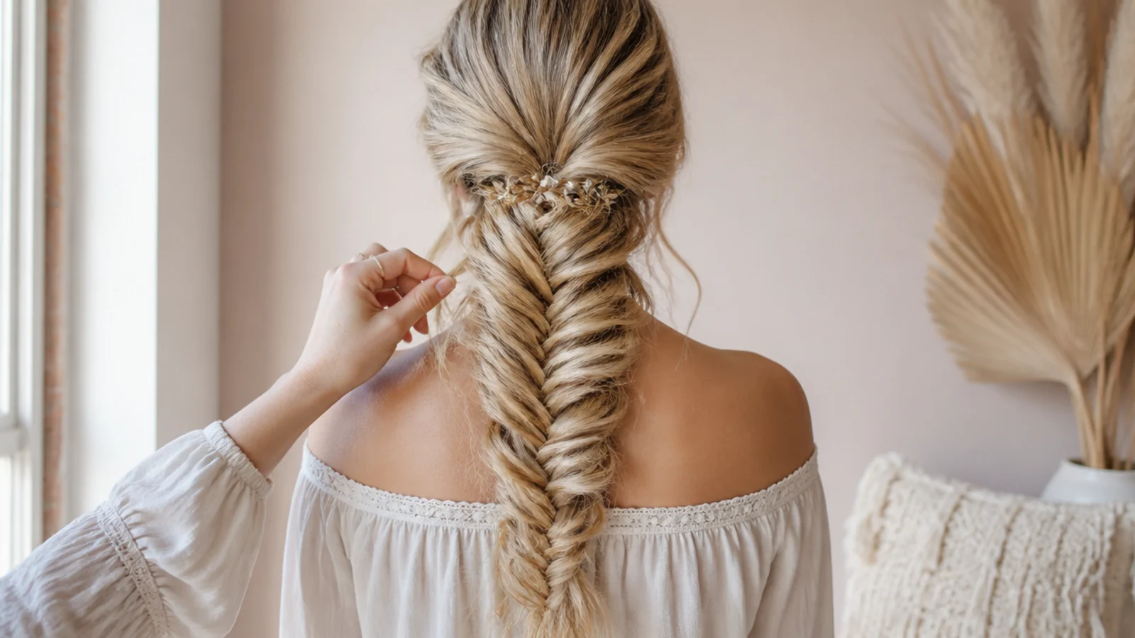 Fingers drawing the outer edge of a braid segment sideways