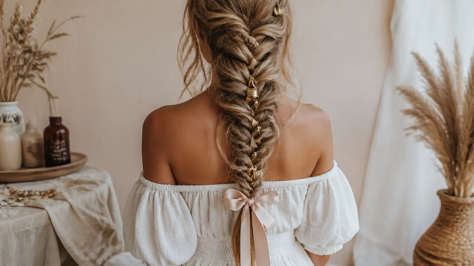 Waves, gold cuffs and a ribbon worked through a loose braid