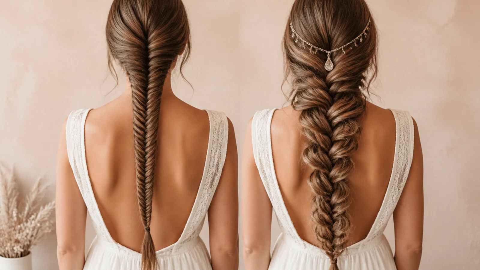 Close view of a widened herringbone braid with loose strands around it