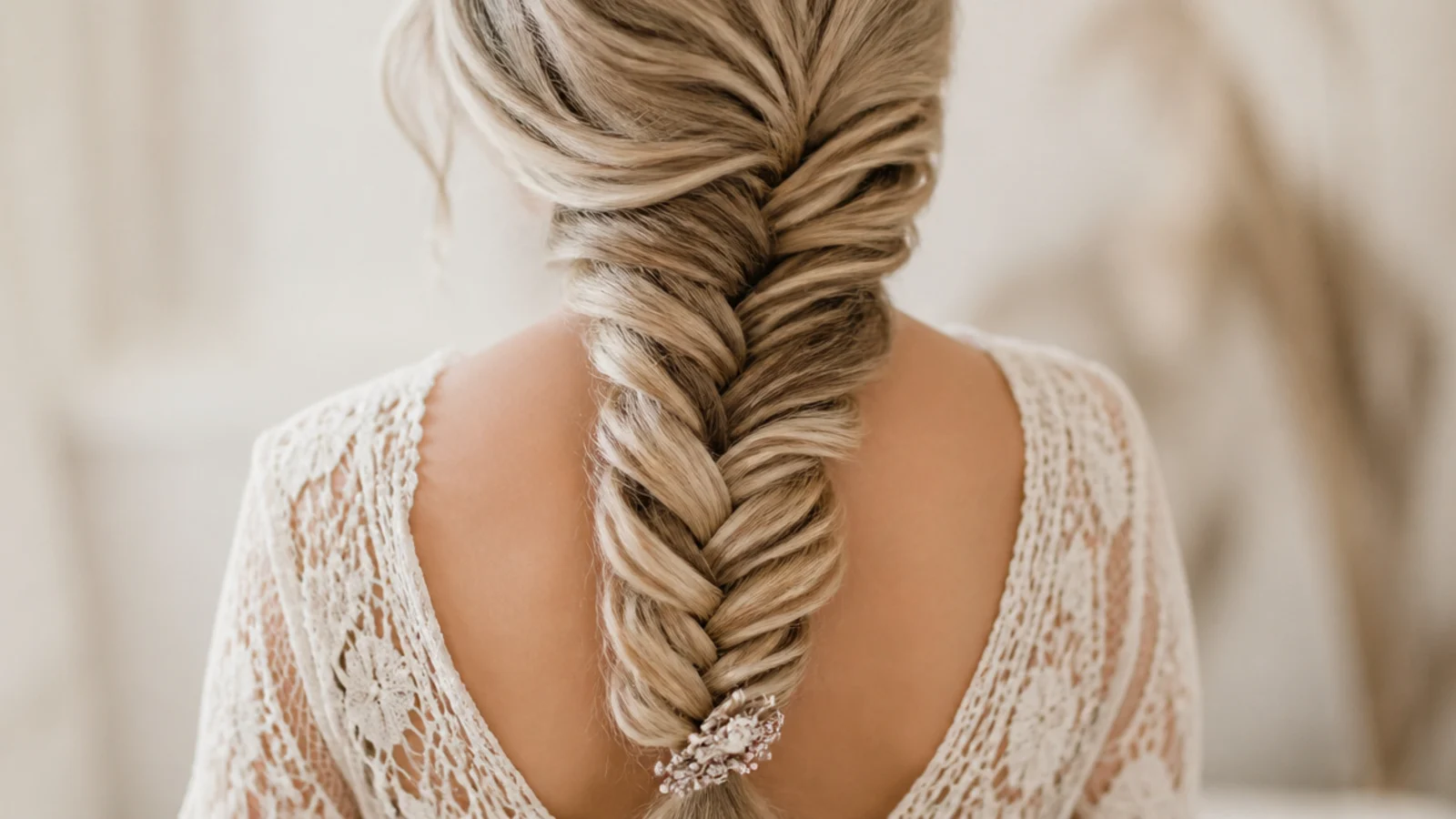 A fishtail braid pulled forward over one shoulder