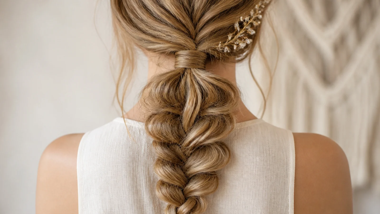 A braid worked from a low ponytail secured at the nape