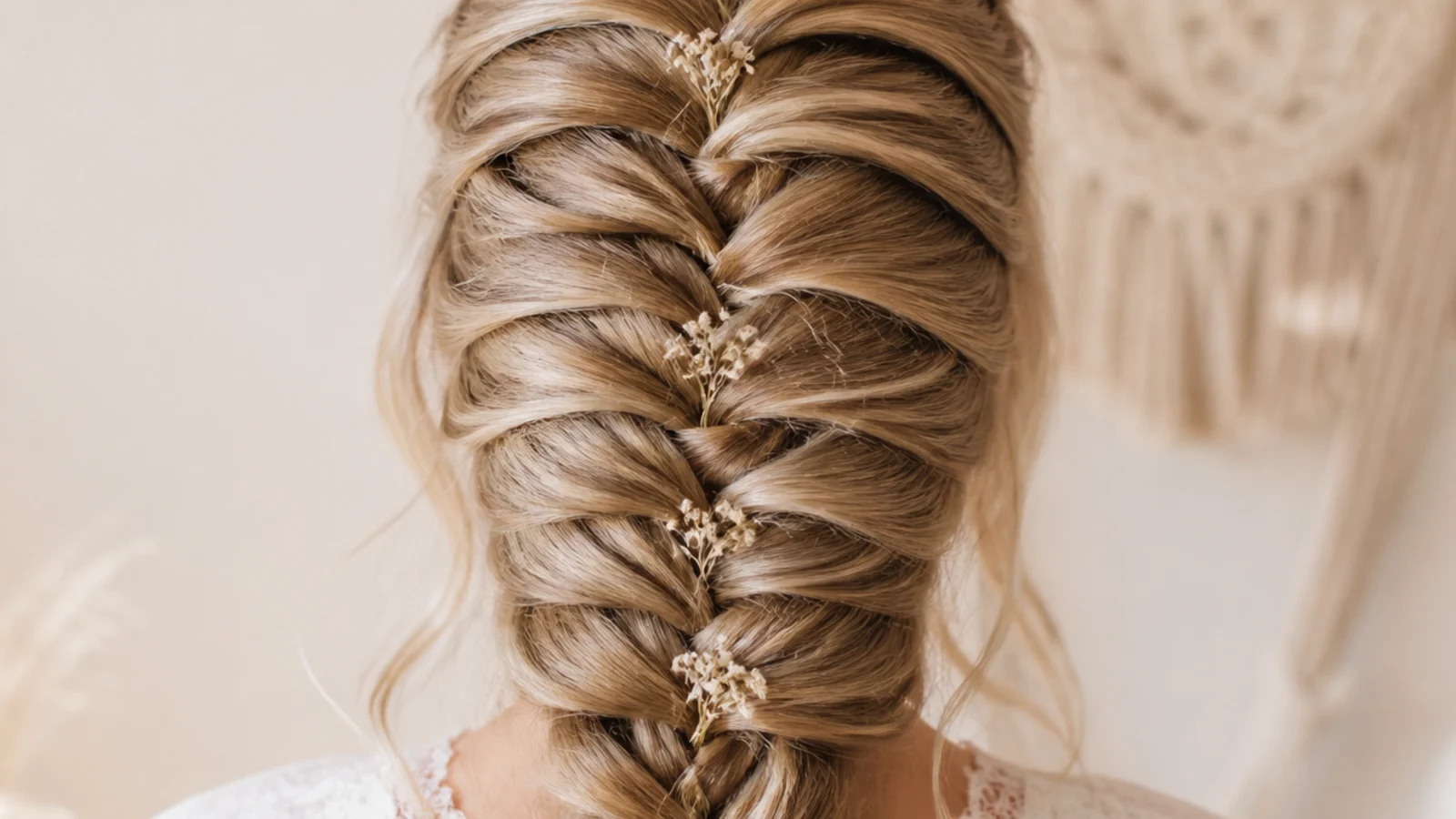 A raised braid picking up hair as it runs down the back of the head