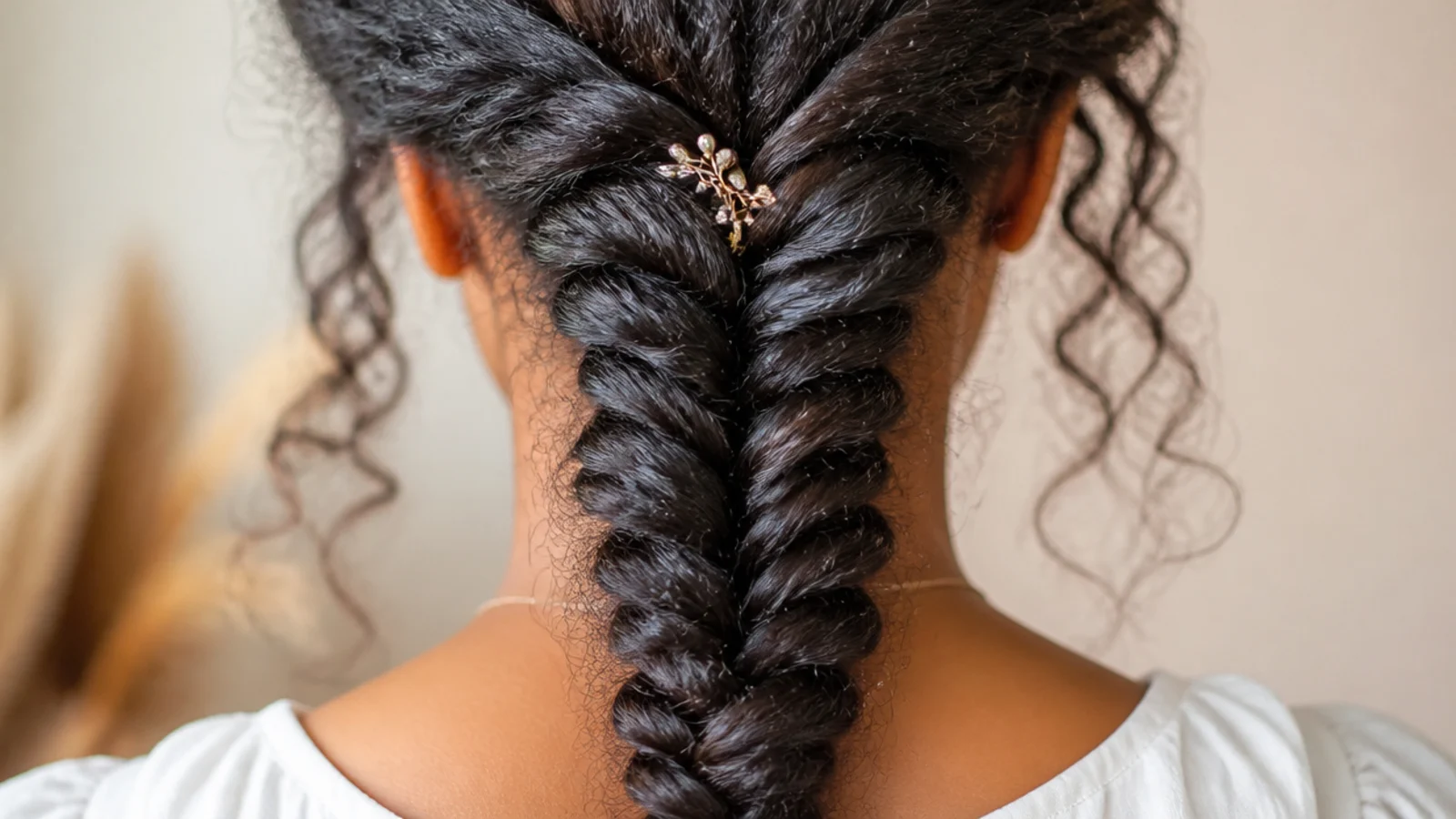 A thick braid worked through stretched curly hair