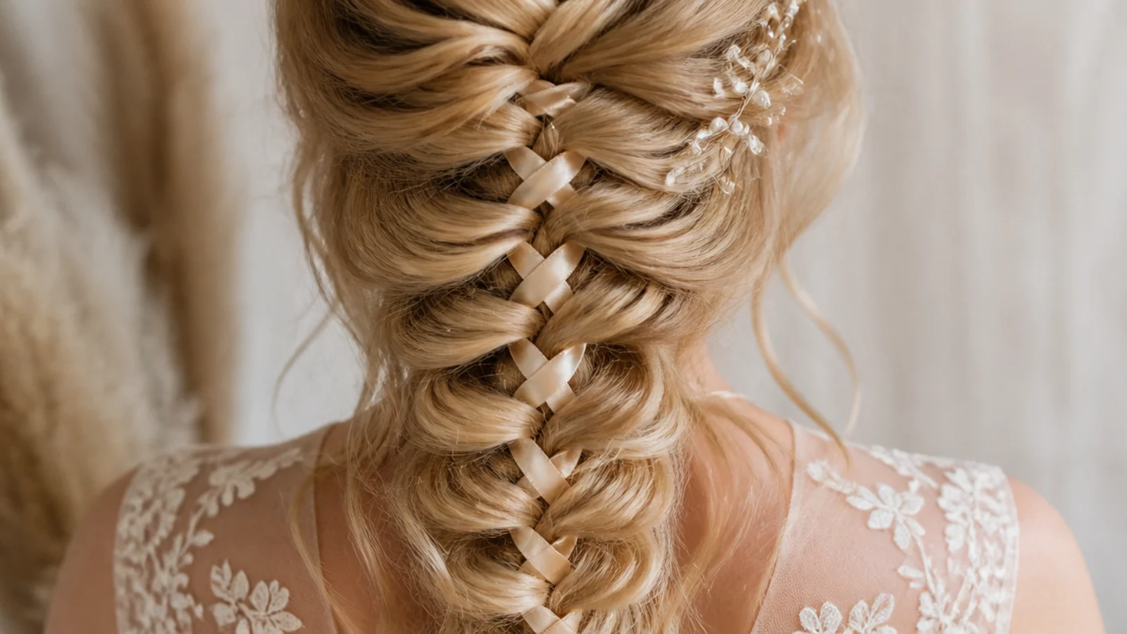 A ribbon threaded through the segments of a soft braid