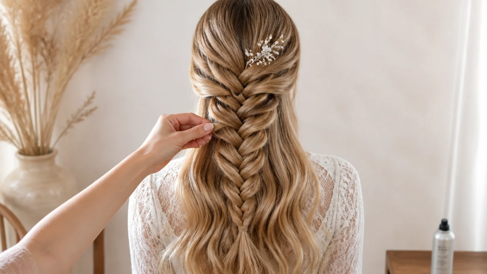 A finger drawing the outer edge of one braid segment outward
