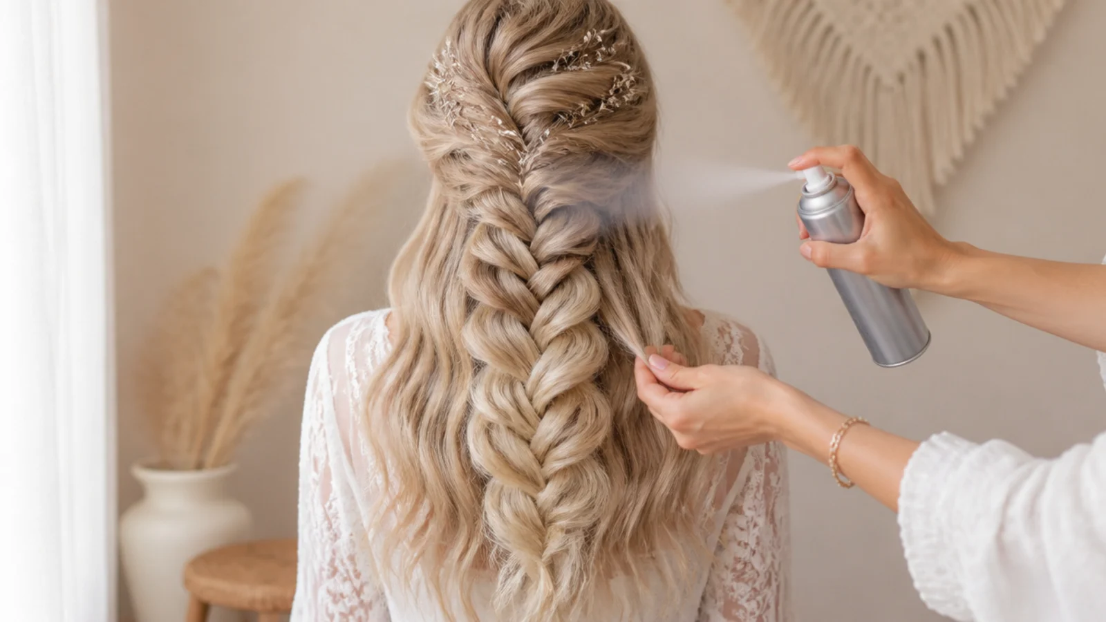 Texture spray being worked through dry hair before braiding