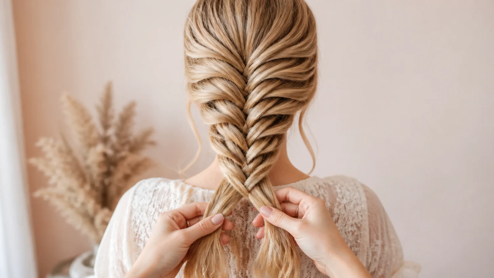 Hair divided into two equal sections held in each hand