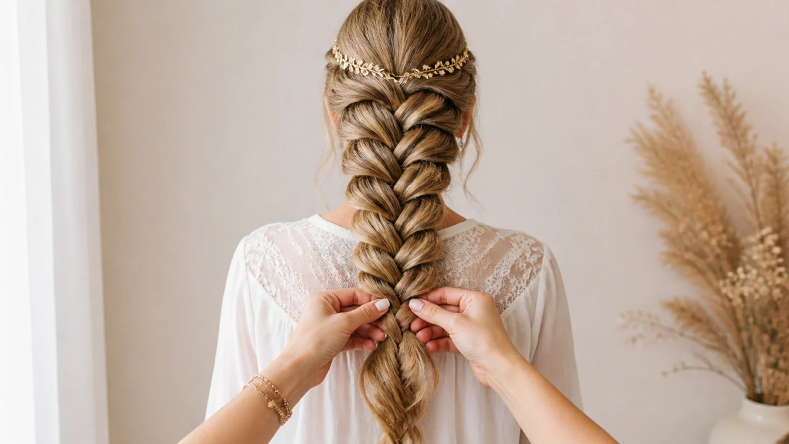 Both sections drawn evenly outward part way down a braid