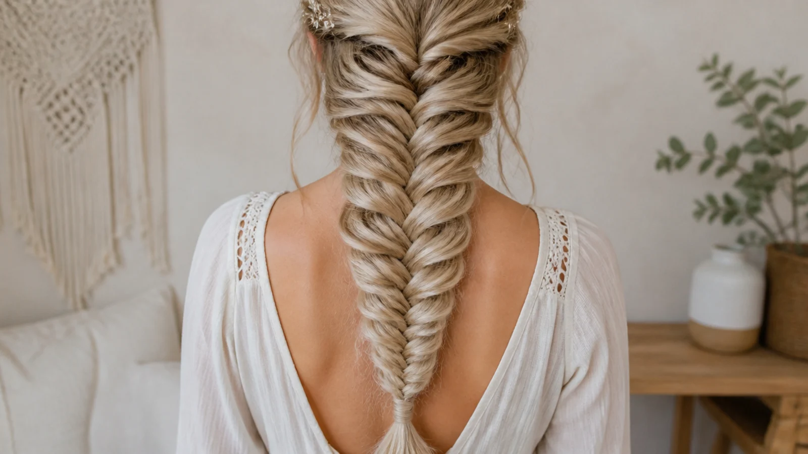 Close view of the fine herringbone pattern in a half up braid