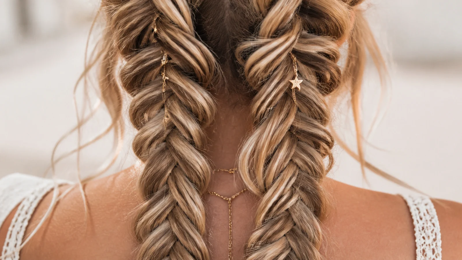 Two braids running either side of the head at a campsite