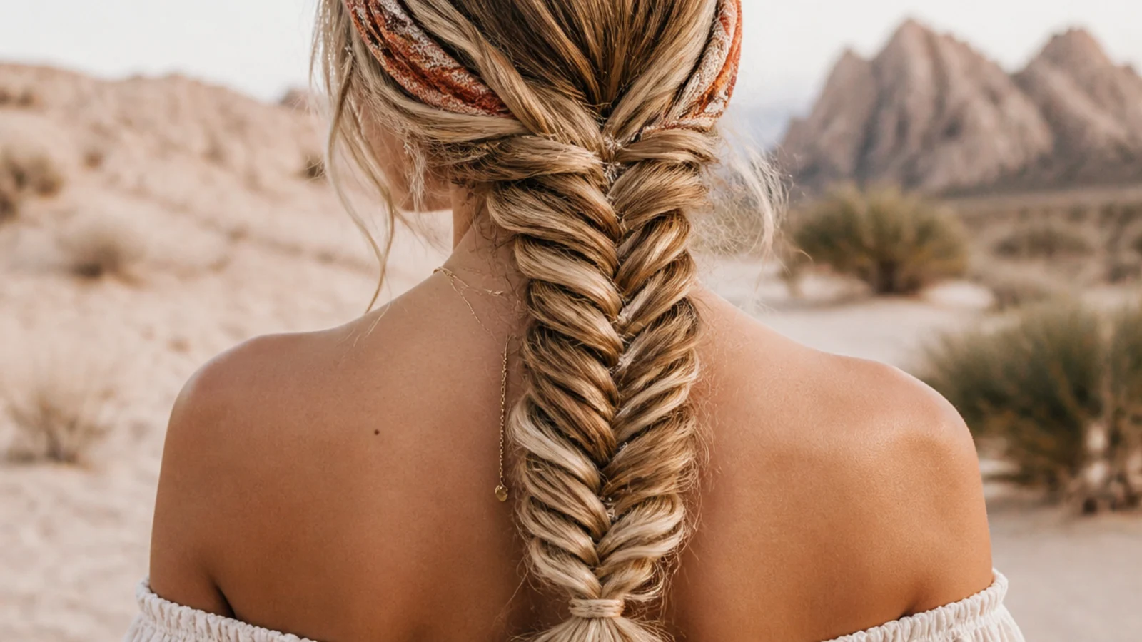 A side braid emerging from beneath a tied bandana
