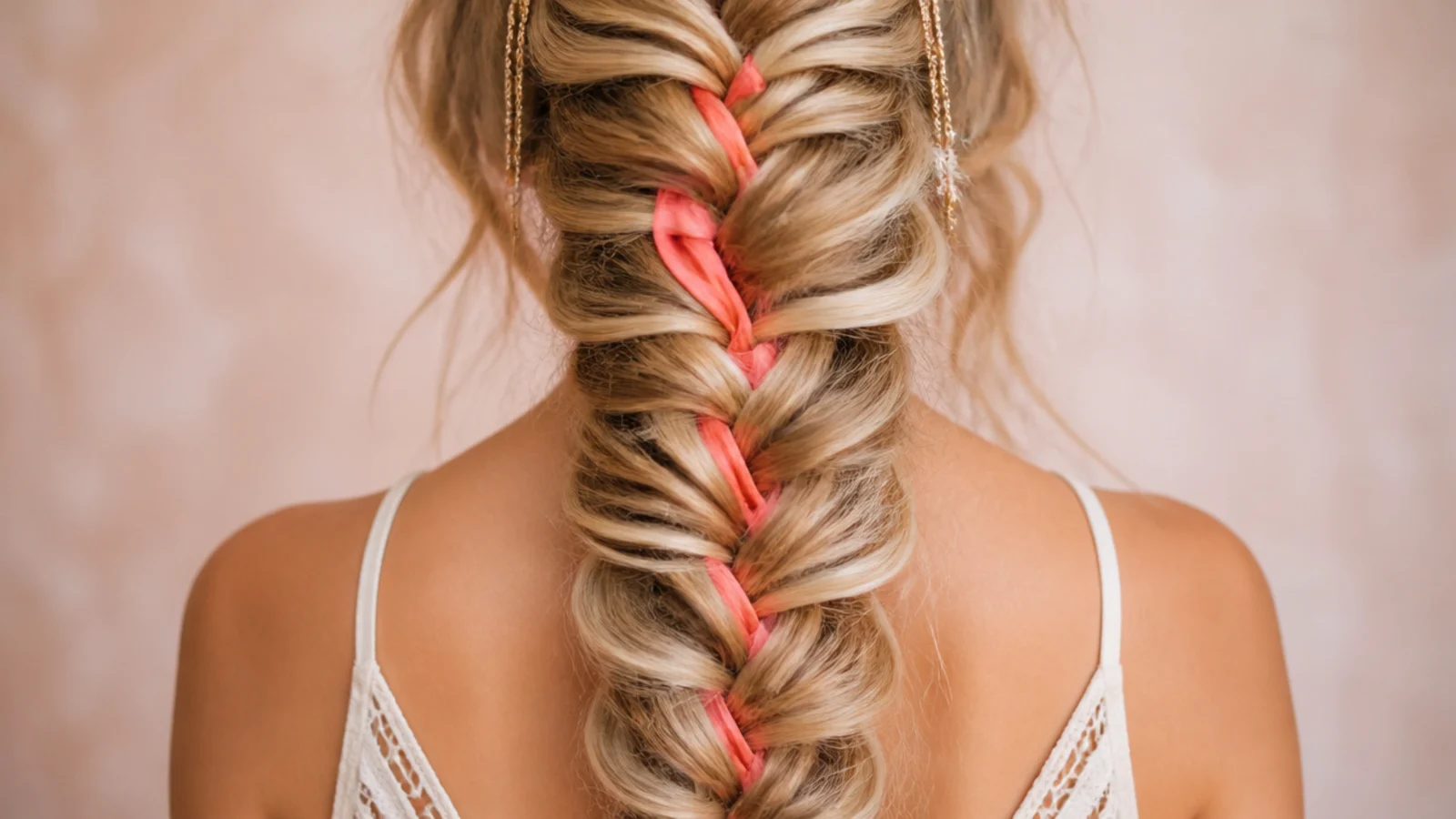 A ribbon woven through the segments of a loose braid