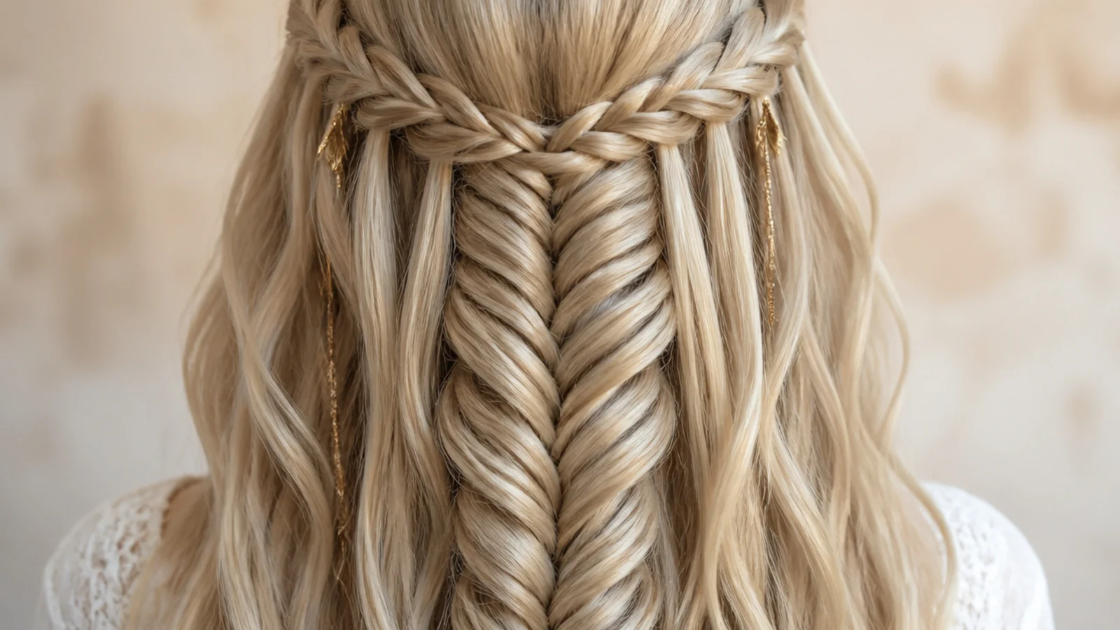 A waterfall braid releasing strands across the back of the head
