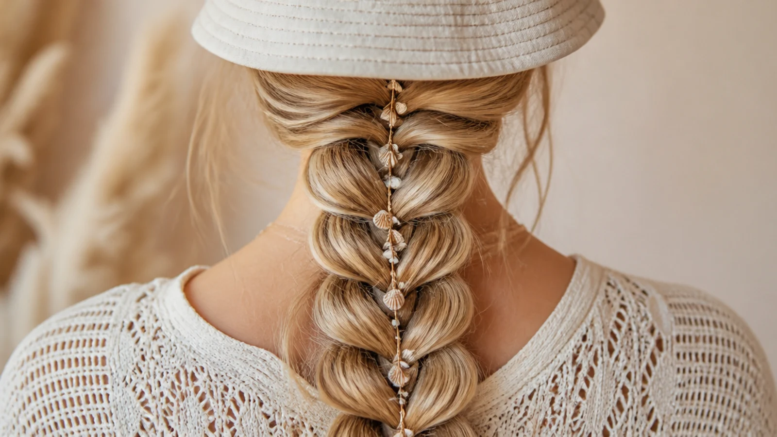 A braid starting low at the back of the head beneath a bucket hat