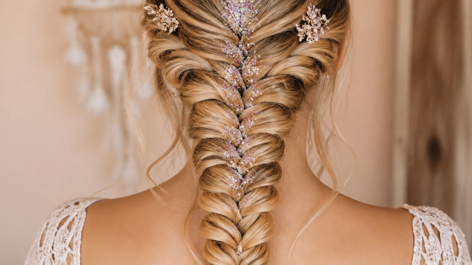 Glitter set along the parting above a braid