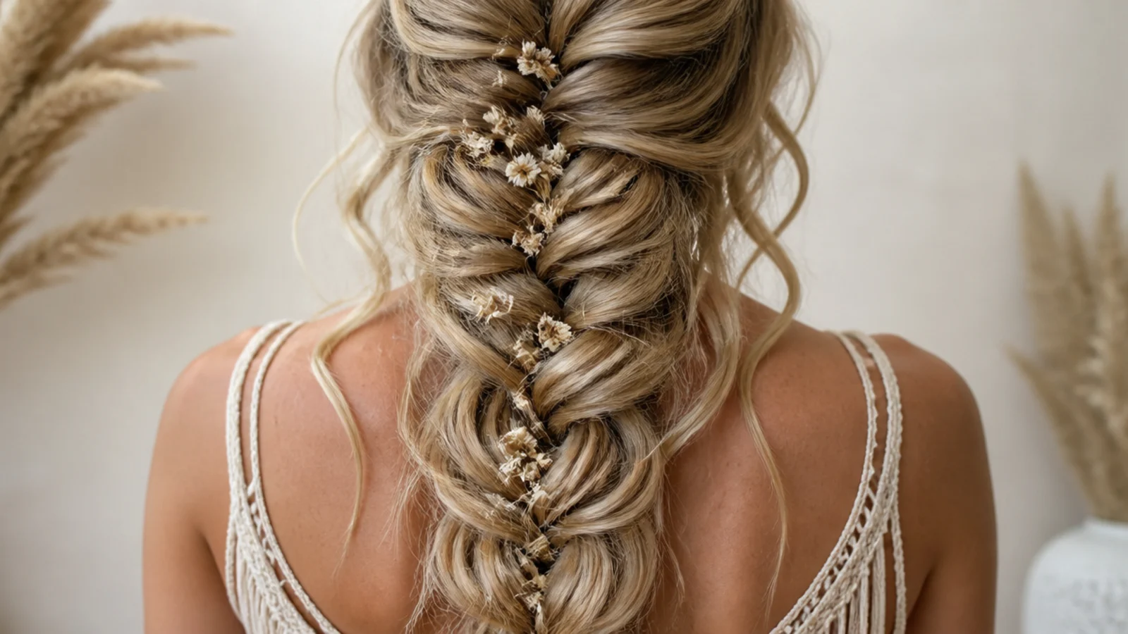Small dried flowers pushed into the segments of a braid