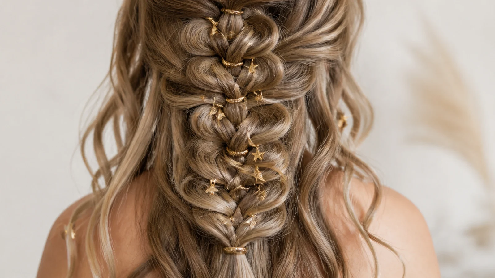 Small star charms threaded through the tail of a braid