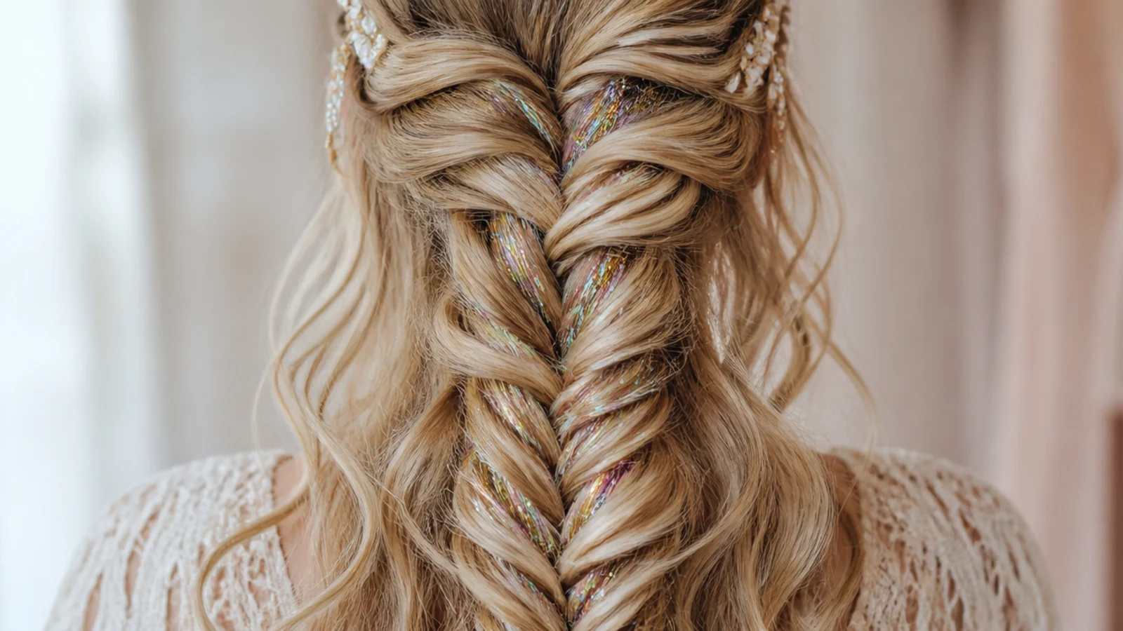 Fine reflective tinsel strands running through a braid