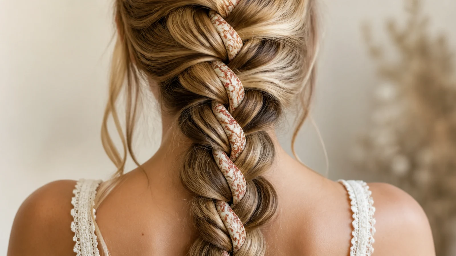 A patterned scarf worked through the length of a braid