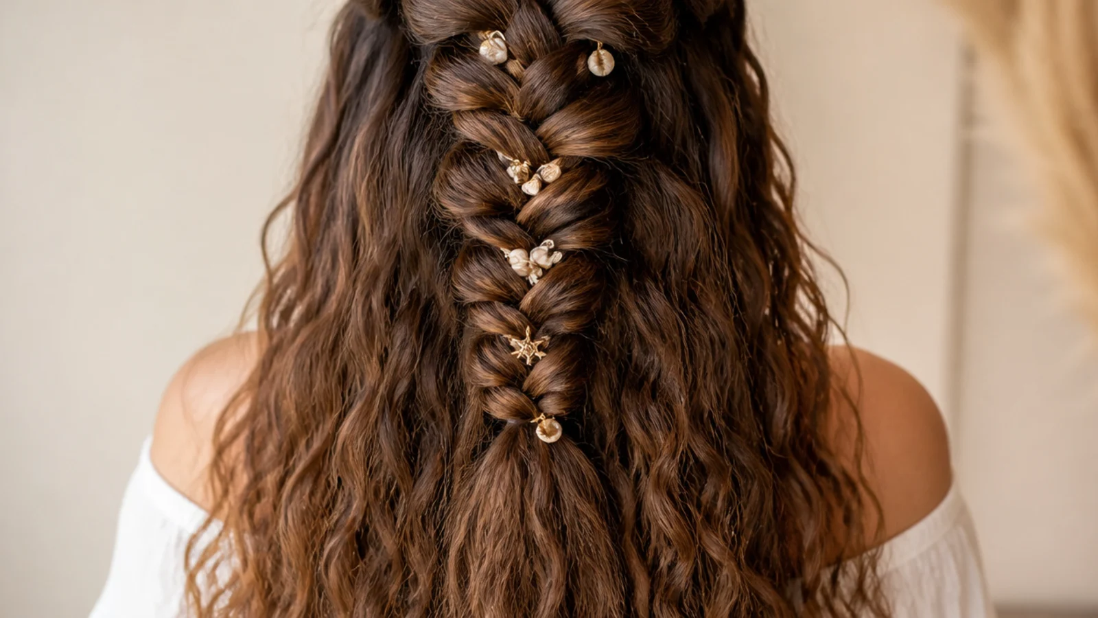 A wide braid worked through stretched curly hair