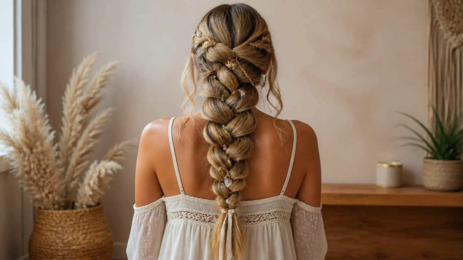 Cuffs, charms and a ribbon threaded through a wide braid