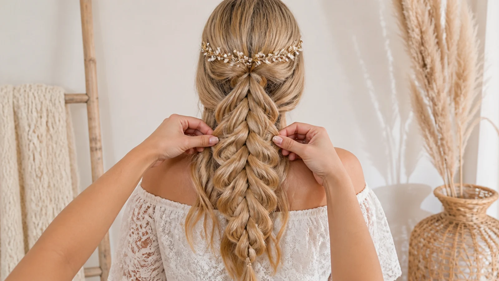 Fingers drawing the outer edge of a braid segment outward