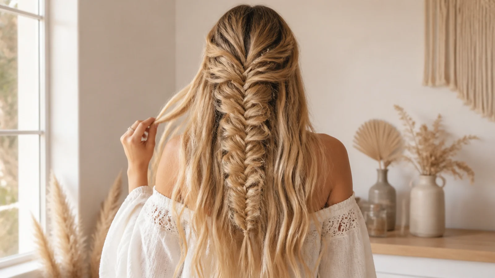 Close view of a herringbone braid with loose waves falling below it