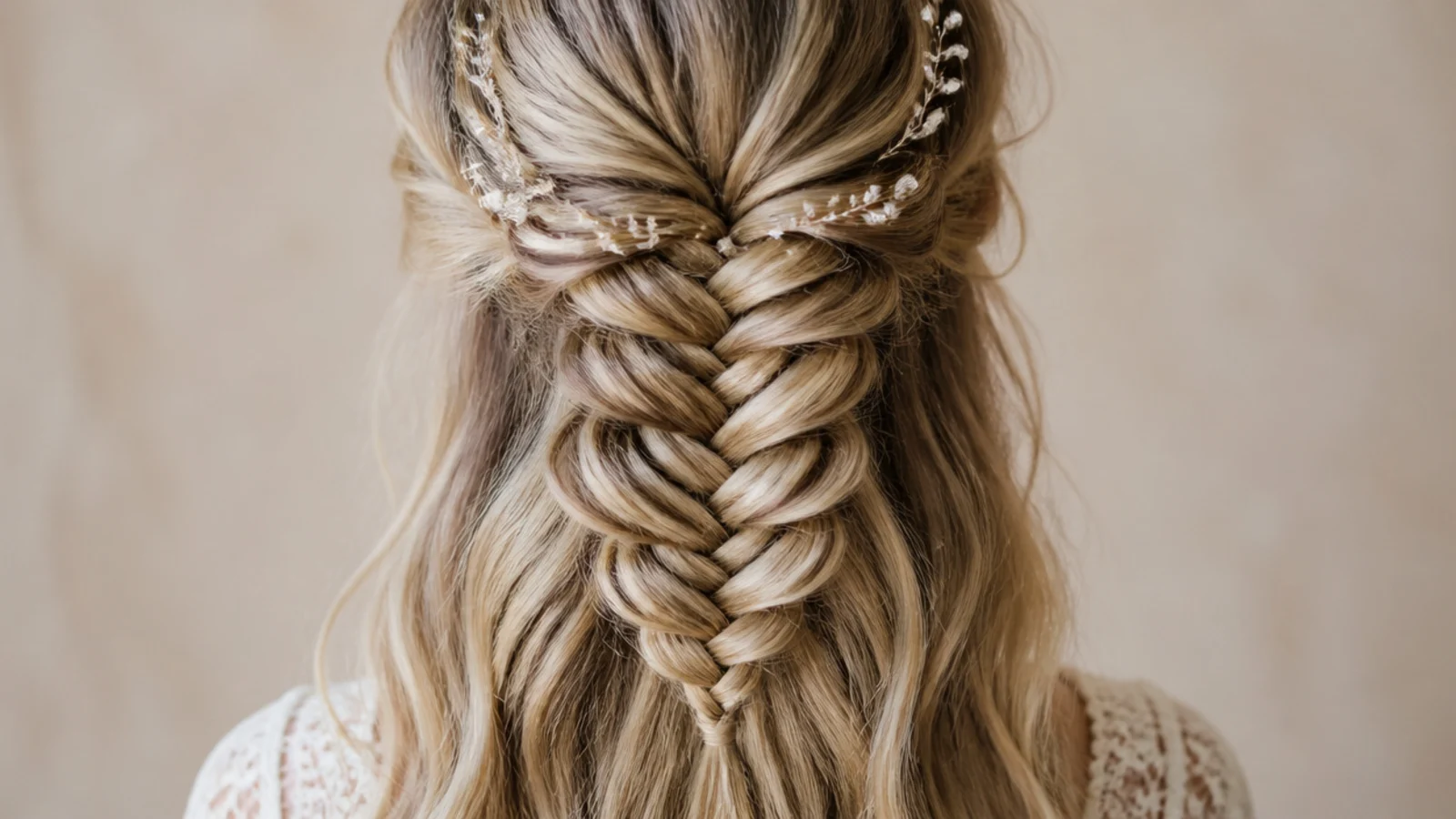 A long fishtail braid down the centre back over loose straight length