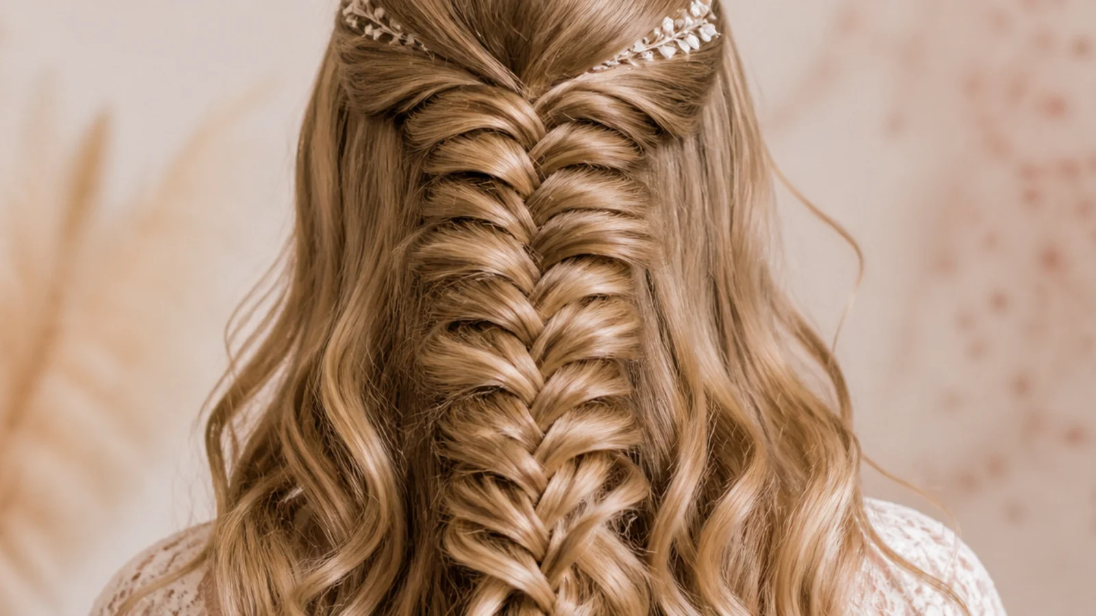 A flat braid sitting over softly curled hair at the back