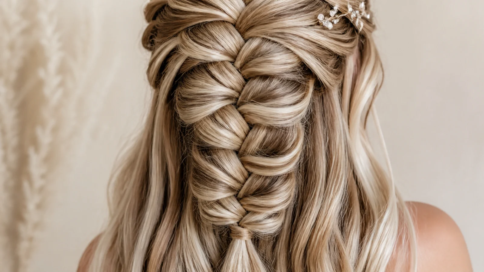 A widened braid on fine light hair showing open crossings