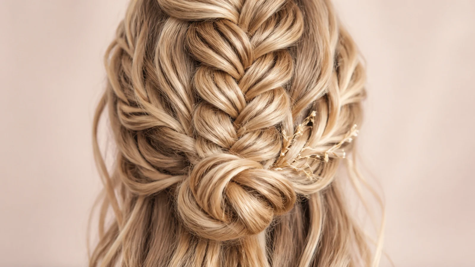 A patterned braid coiled into a low bun at the nape