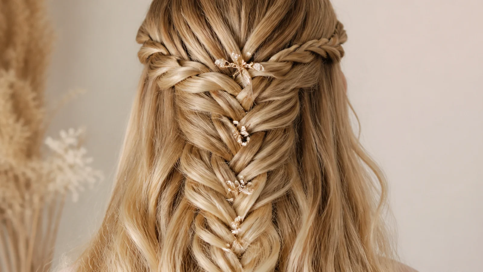 A waterfall braid across the crown feeding into a fishtail down the back