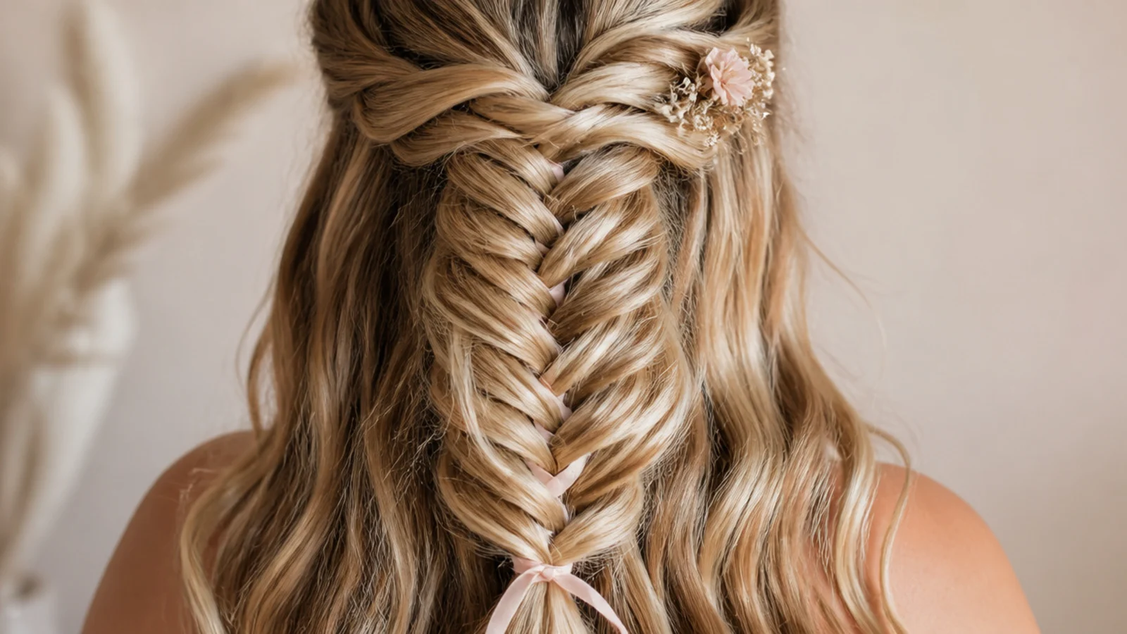 A thin ribbon woven through the crossings of a loose braid